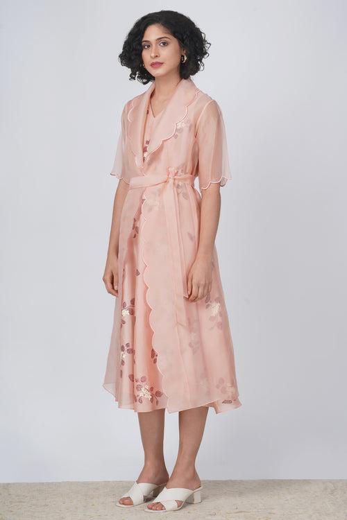 Solid organza jacket with scalloped collar sakura print dress in silk chanderi