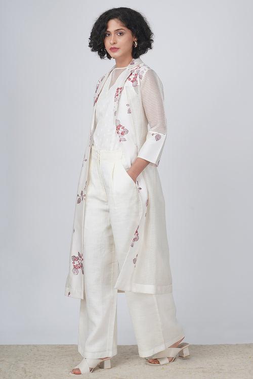 Sakura print stripe organza jacket  and flayer pant in linen