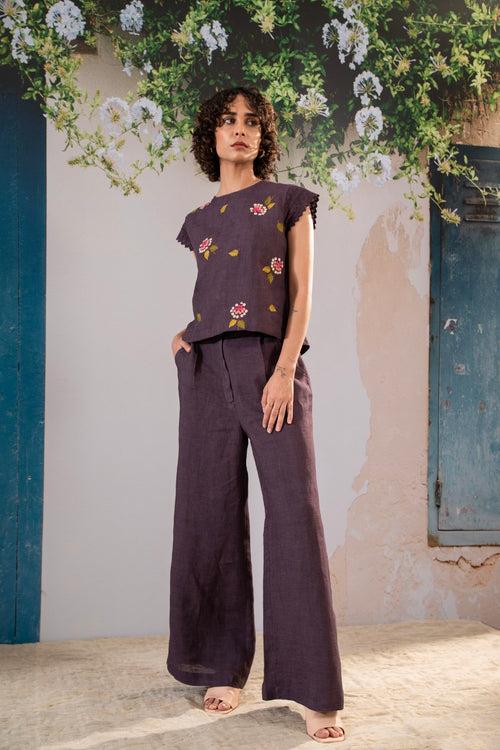 Dahlia  Print Embroidered  Top And Pant Set In Linen