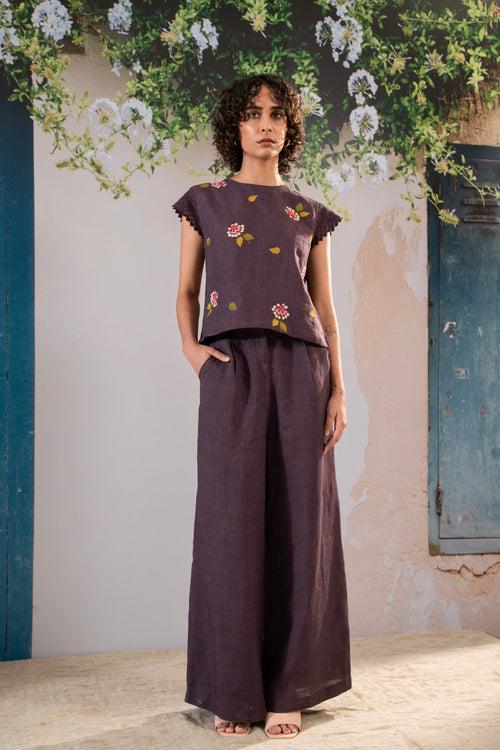 Dahlia  Print Embroidered  Top And Pant Set In Linen