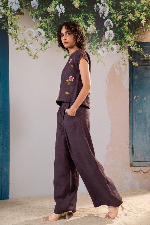 Dahlia  Print Embroidered  Top And Pant Set In Linen