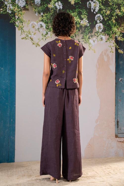 Dahlia  Print Embroidered  Top And Pant Set In Linen