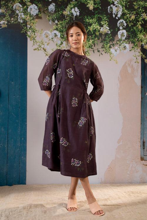 Dahlia  Print  Dress With Side Strings In Chanderi