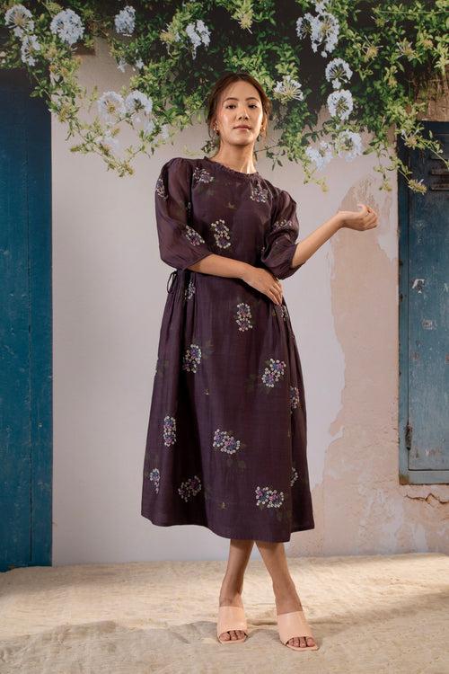 Dahlia  Print  Dress With Side Strings In Chanderi