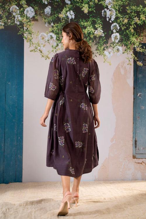 Dahlia  Print  Dress With Side Strings In Chanderi