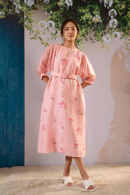 Rosette Print A-Line Dress  In Linen And Organza