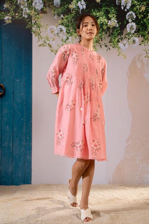 Dahlia Print Pleated Dress In Chanderi