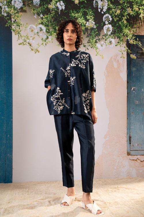 Discharge  Print  Kaftan Top And Pant Set In Silk Chanderi