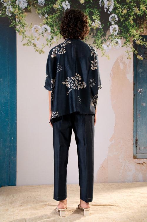 Discharge  Print  Kaftan Top And Pant Set In Silk Chanderi