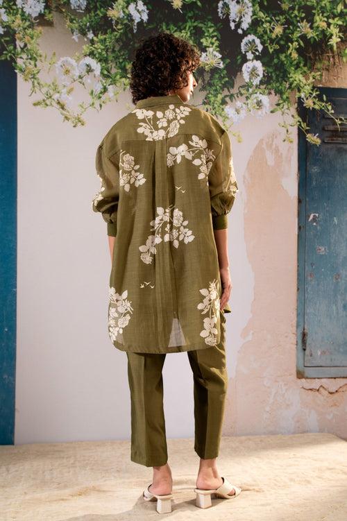 Discharge Print Oversized Shirt And Pant Set In Chanderi