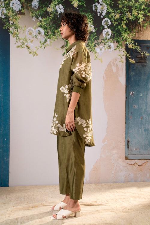 Discharge Print Oversized Shirt And Pant Set In Chanderi