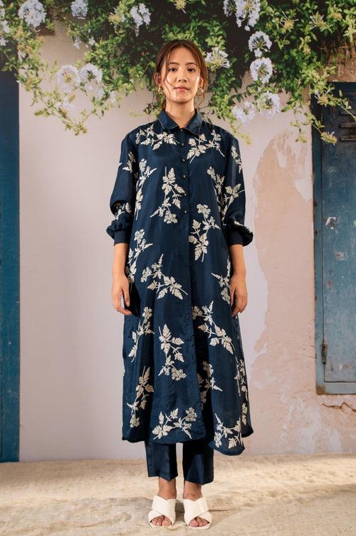 Discharge Print  Long Shirt Top And Pant Set In Silk