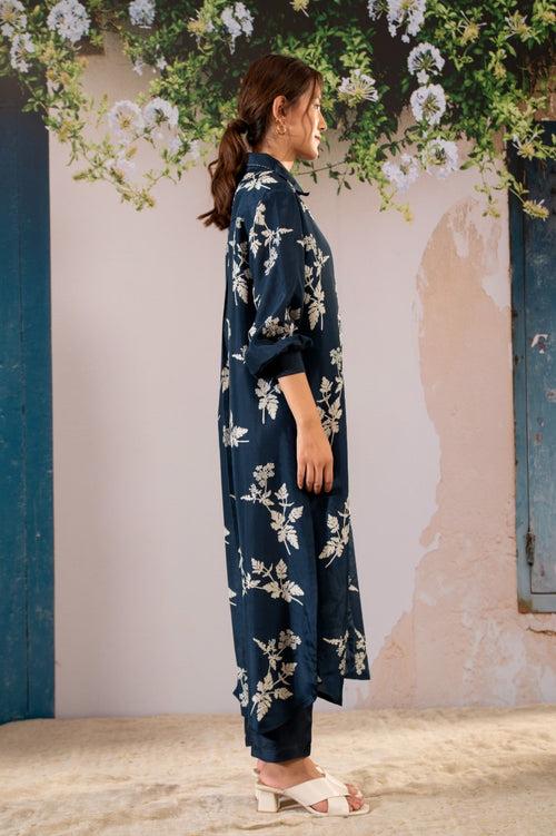 Discharge Print  Long Shirt Top And Pant Set In Silk