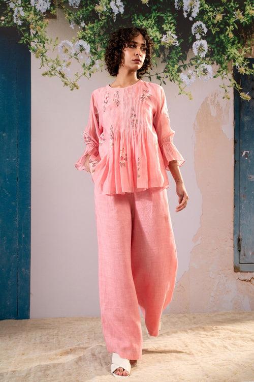 Dahlia Print Pleated Top And Flare Pant Set In Pure Chanderi And Linen