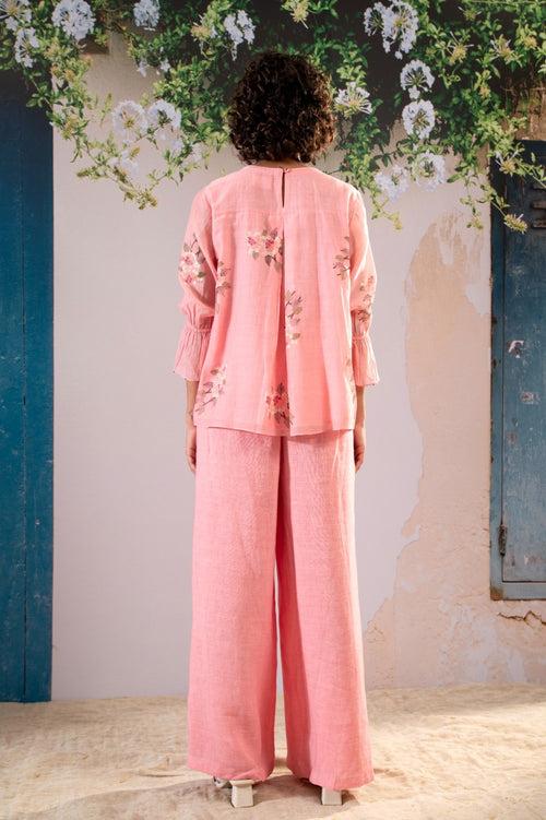 Dahlia Print Pleated Top And Flare Pant Set In Pure Chanderi And Linen