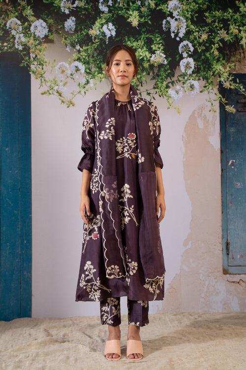 Discharge Print Lavender Kurta Set With Organza Dupatta