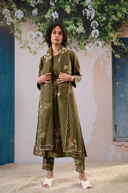 Discharge Print Olive Kurta Set