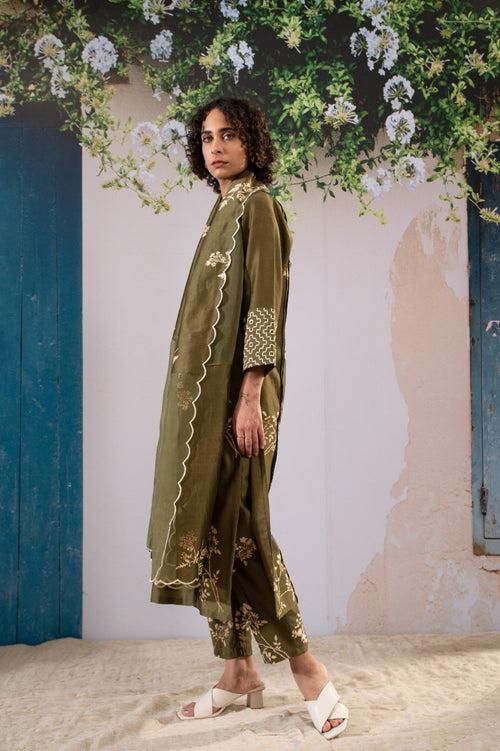 Discharge Print Olive Kurta Set