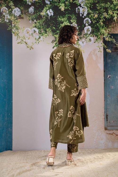 Discharge Print Olive Kurta Set