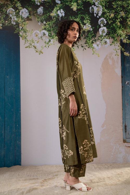 Discharge Print Olive Kurta Set