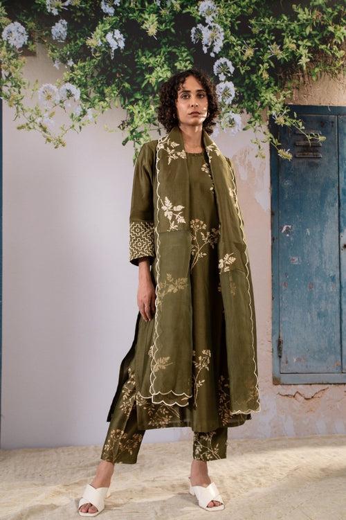 Discharge Print Olive Kurta Set