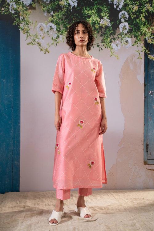 Discharge Print Pink Kurta Set With Organza Dupatta