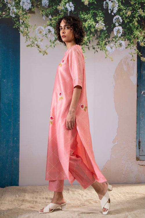 Discharge Print Pink Kurta Set With Organza Dupatta