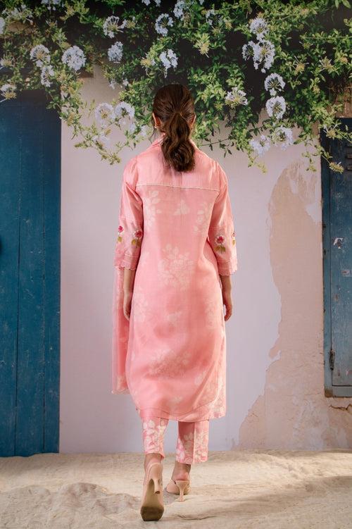 Discharge Print Pink Kurta Set With Organza Dupatta