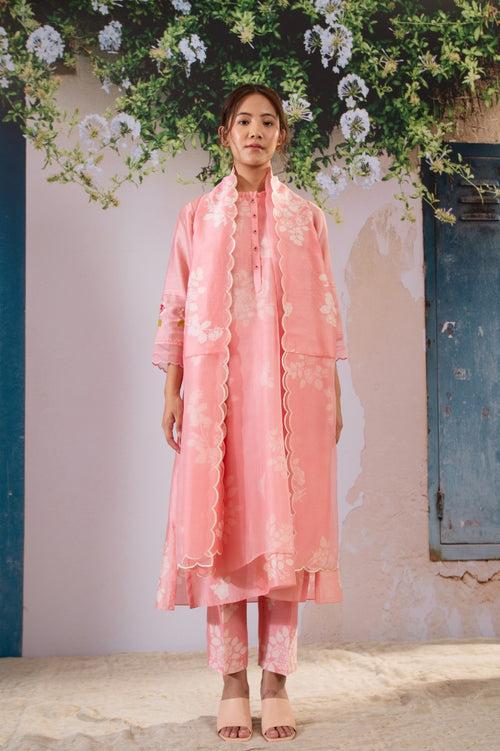 Discharge Print Pink Kurta Set With Organza Dupatta