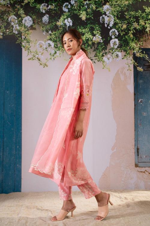 Discharge Print Pink Kurta Set With Organza Dupatta