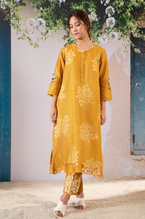 Discharge Print Ochre Kurta Set With Organza Dupatta