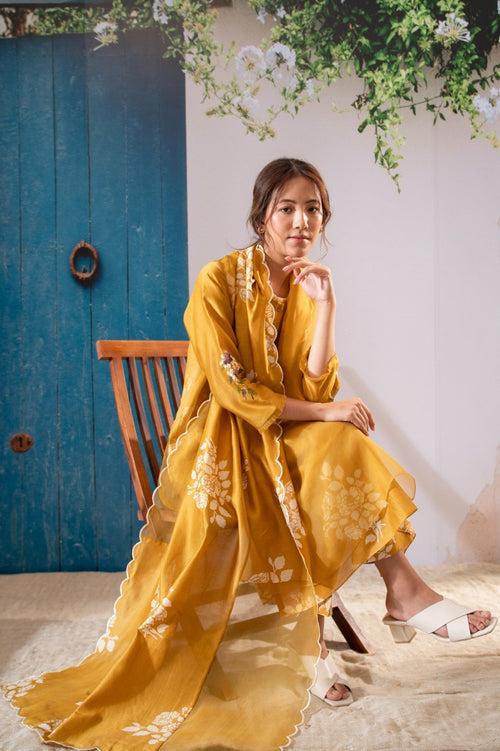 Discharge Print Ochre Kurta Set With Organza Dupatta