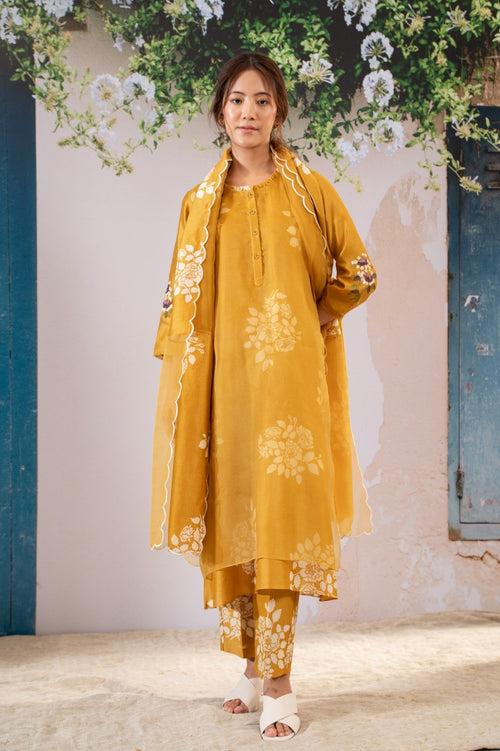 Discharge Print Ochre Kurta Set With Organza Dupatta