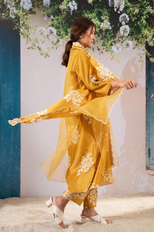 Discharge Print Ochre Kurta Set With Organza Dupatta