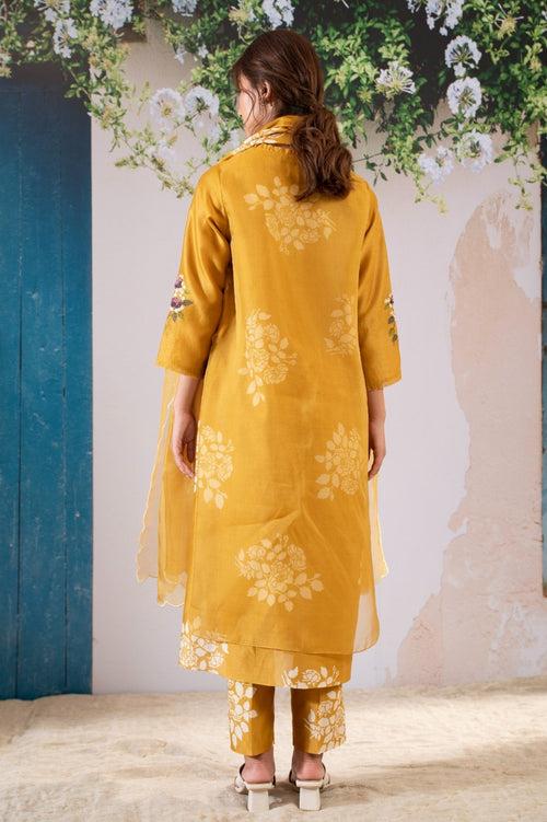 Discharge Print Ochre Kurta Set With Organza Dupatta