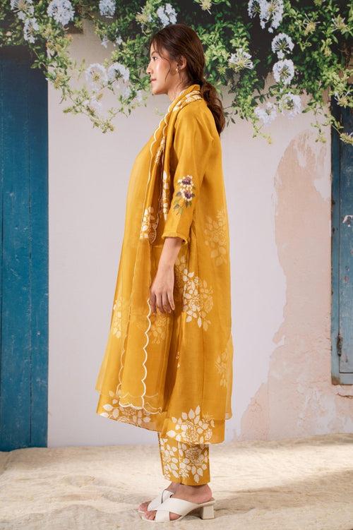 Discharge Print Ochre Kurta Set With Organza Dupatta