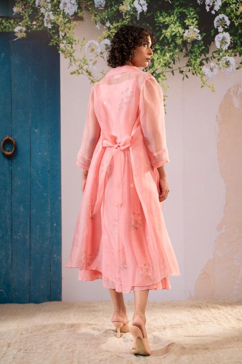 Dahlia Print Strap Dress With Solid Organza Jacket In Organza And Chanderi