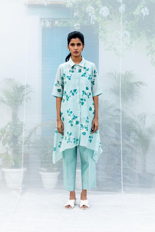 Sakura print cotton chanderi shirt with embroidery and straight pant in silk chanderi