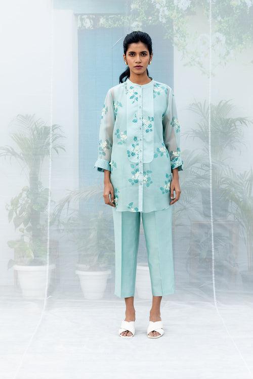 Sakura print silk organza shirt with straight pant in silk chanderi