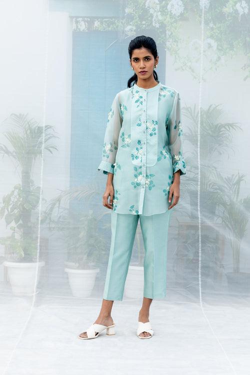 Sakura print silk organza shirt with straight pant in silk chanderi