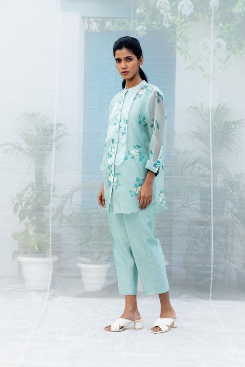 Sakura print silk organza shirt with straight pant in silk chanderi