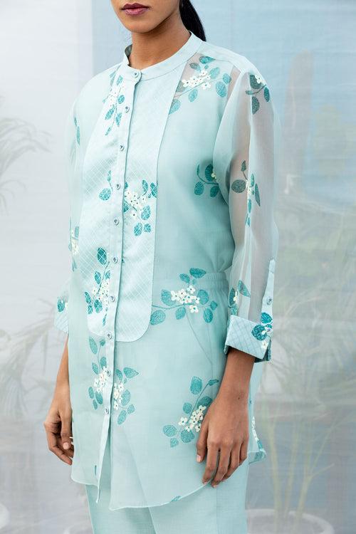 Sakura print silk organza shirt with straight pant in silk chanderi