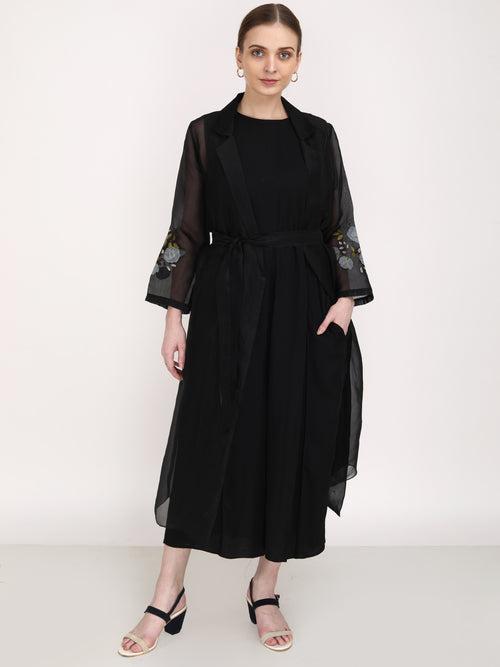 Solid Jumpsuit with Embroidered Sheer Black Organza Jacket