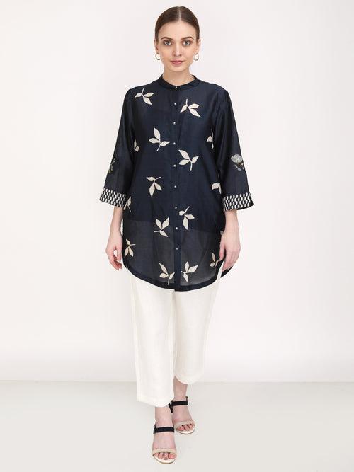 Leaf Print Embroidered Sleeve Shirt