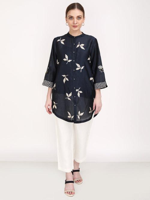 Leaf Print Embroidered Sleeve Shirt with Ivory Pants