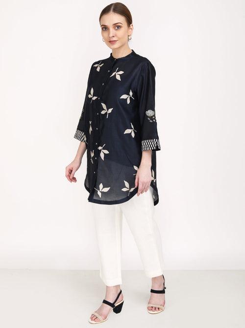 Leaf Print Embroidered Sleeve Shirt with Ivory Pants