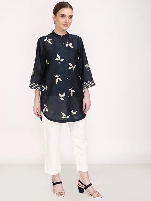 Leaf Print Embroidered Sleeve Shirt