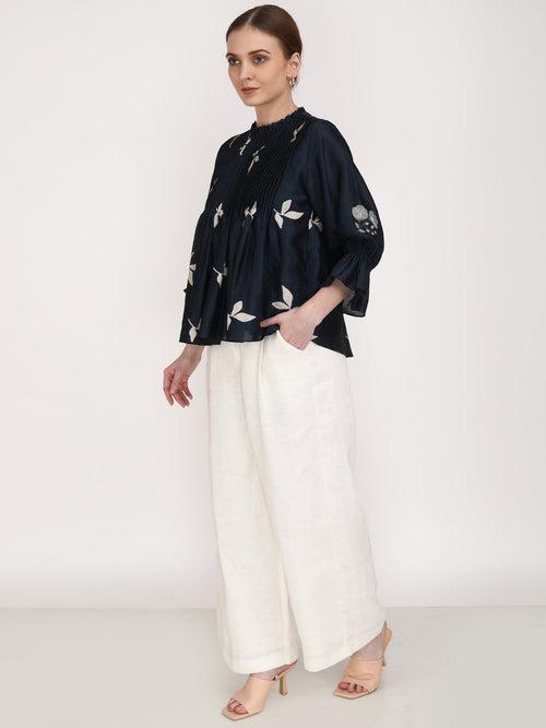 Leaf Print Front Pleated Top with Ivory Pants