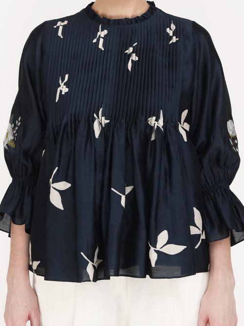 Leaf Print Front Pleated Top