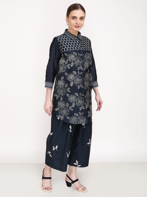 Multi Block Print Front Open Shirt with Pants